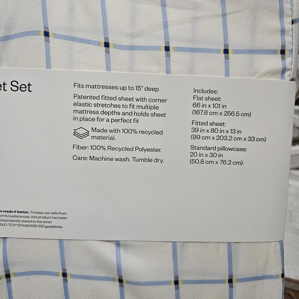 NEW Room Essentials Blue and White Plaid Microfiber Sheet Set TWIN/TWIN XL - Picture 4 of 4
